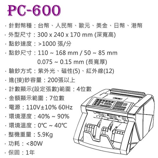 POWER CASH 頂級六國貨幣專業型/金額統計/防偽點驗鈔機PC-600/指定面額功能