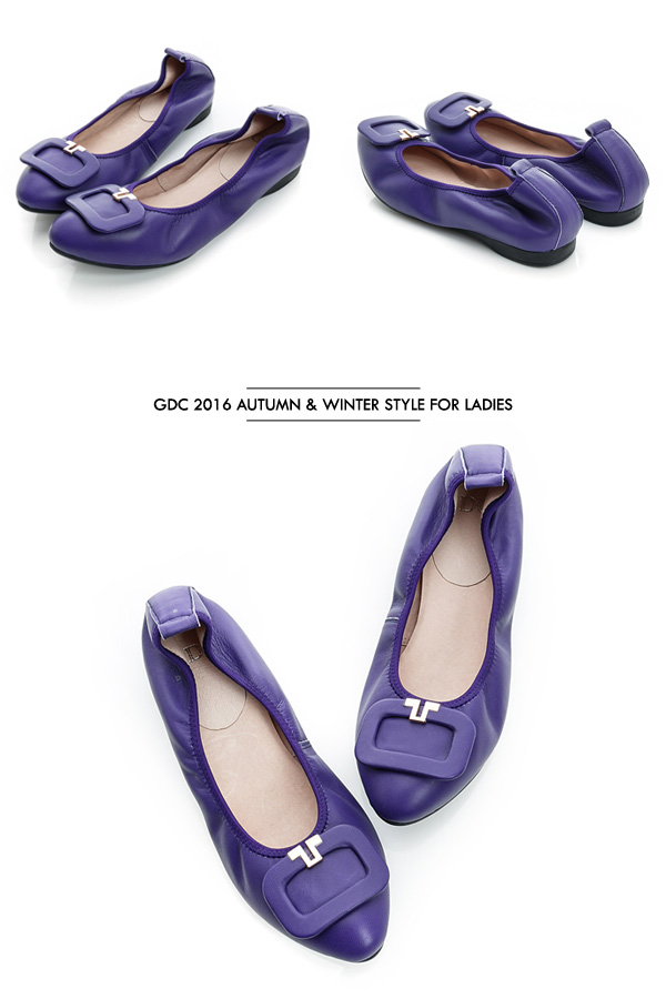 GDC都會-方形飾扣柔軟彈性真皮低跟鞋-紫色