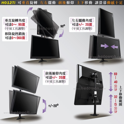 HE 32吋以下LED/LCD上下雙螢幕穿桌型支架(H012Ti)