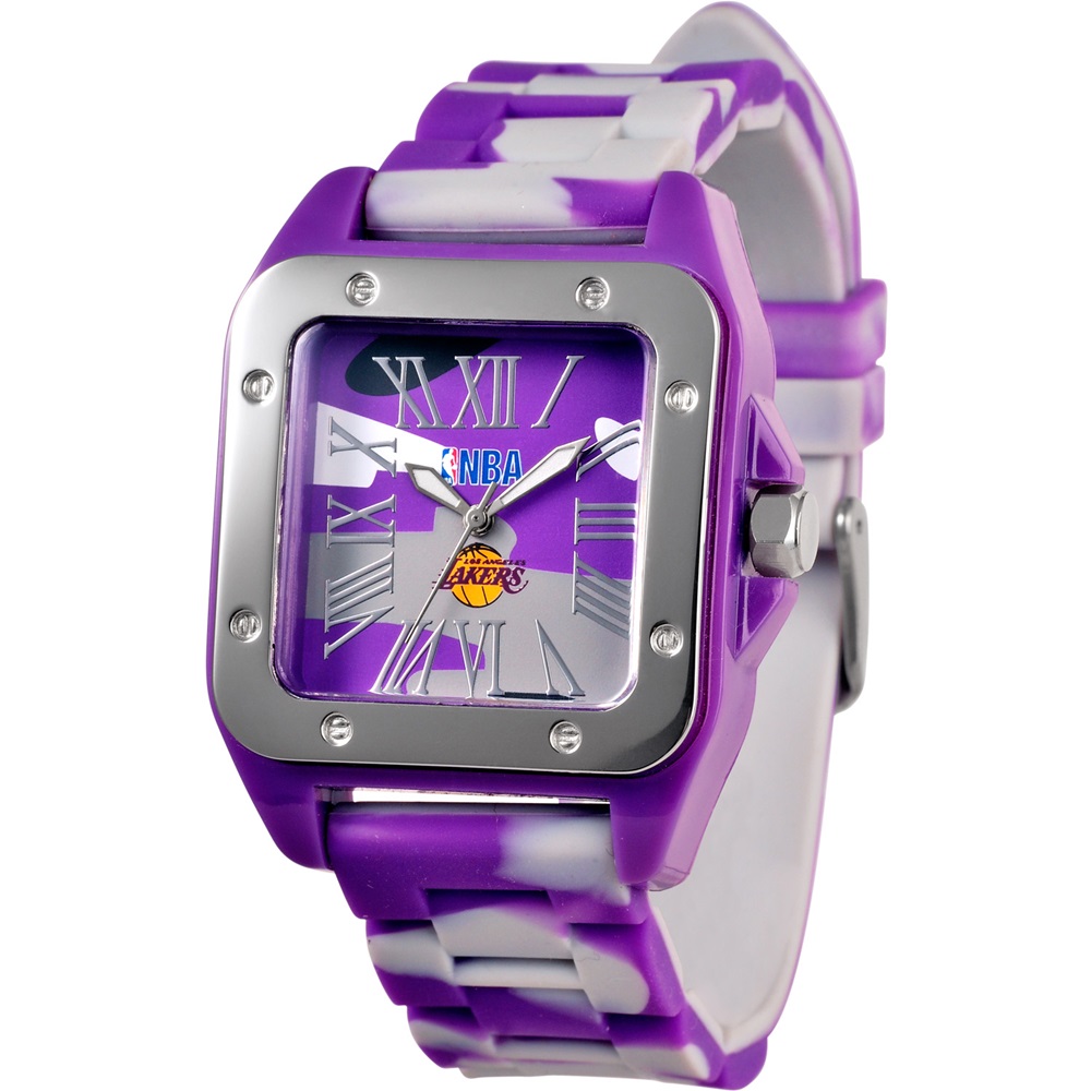 NBA 三分線防守方形休閒腕錶-迷彩紫(洛杉磯湖人隊)39mm