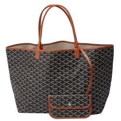 GOYARD 經典St.Louis PM滾邊防水帆布LOGO購物包(中-黑X棕-附收納袋)