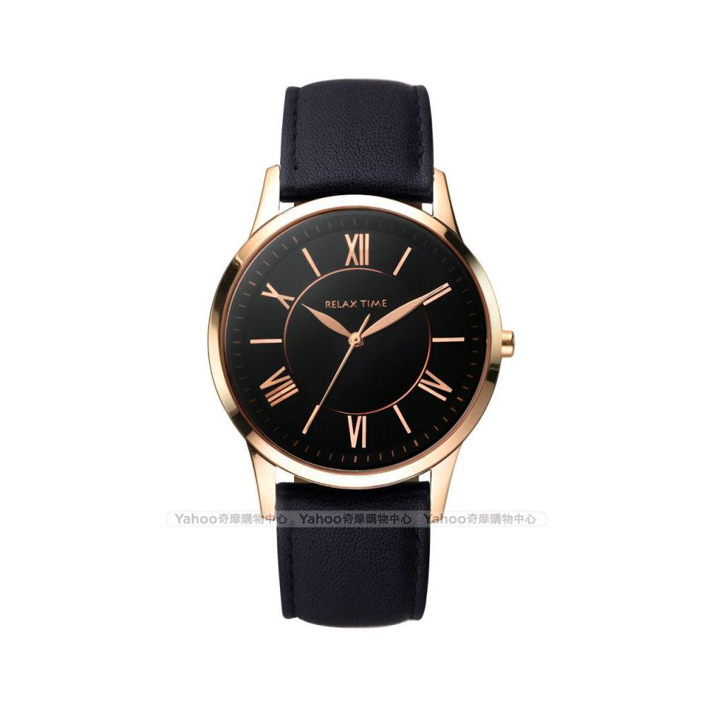 RELAX TIME RT58 經典學院風格腕錶-黑x玫塊金框/36mm