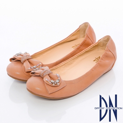 DN 精緻手工 珠光牛皮蝴蝶結內增高娃娃鞋-粉橘