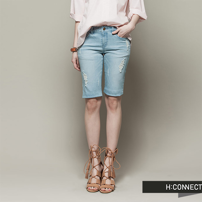H:CONNECT 韓國品牌 女裝 - 修身刷破牛仔短褲 - 淺藍(快)