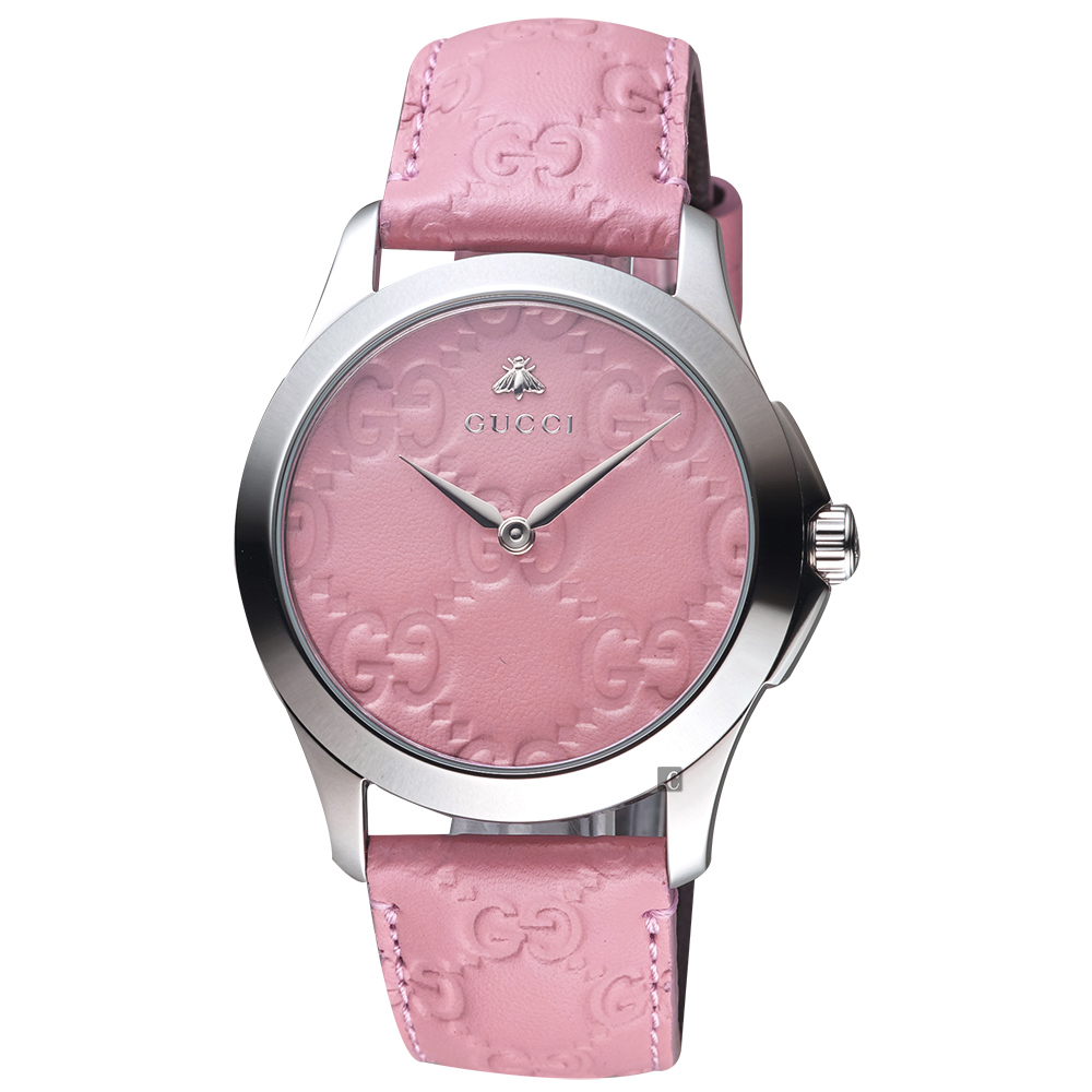 Gucci古馳 G-Timeless Signature 蜜蜂LOGO手錶-粉/38mm