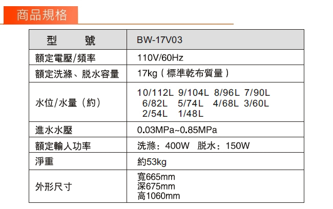 KOLIN 歌林 17公斤全自動單槽洗衣機 (KBW-17V03)