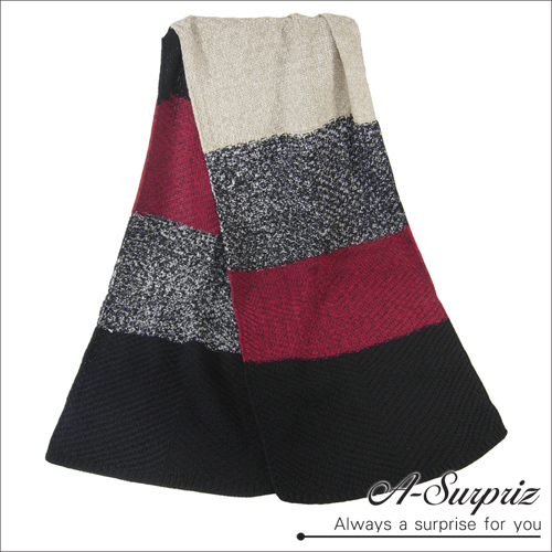 A-Surpriz 韓風多色編織拼接加長厚圍巾(紅黑米)
