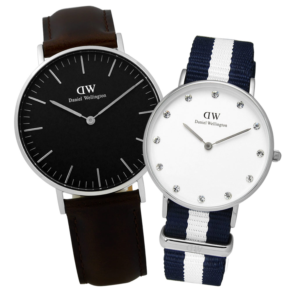 DW Daniel Wellington 情侶真皮.帆布對錶-銀框/36mm+34mm