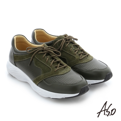 A.S.O 3D超動能 真皮綁帶奈米機能休閒鞋 橄欖綠色