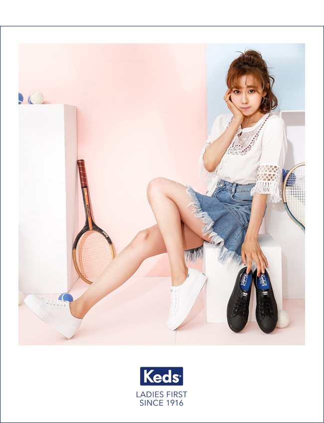 Keds 時尚運動基本綁帶皮質休閒鞋-白