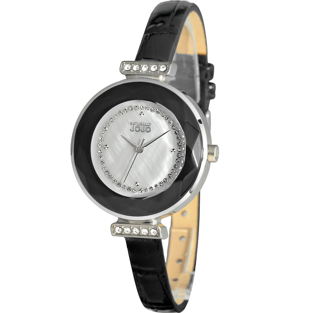 NATURALLY JOJO 寶石情緣晶鑽時尚腕錶-黑/32mm