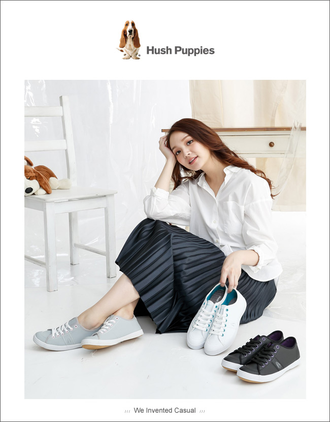 Hush Puppies 經典皮質咖啡紗休閒鞋-淺灰