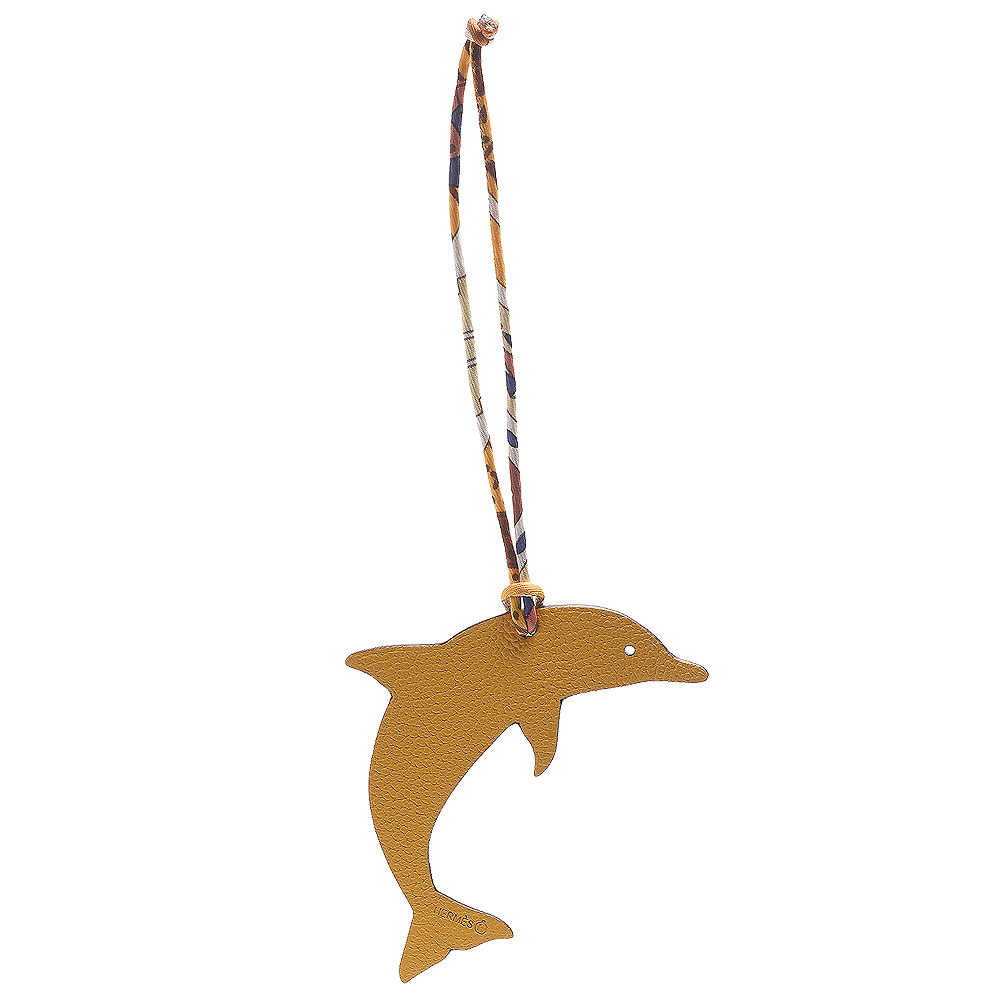 HERMES Petit Dolphin海豚造型雙面皮革吊飾(黃X酒紅)