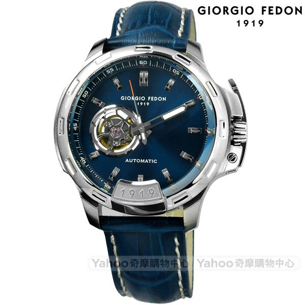 GIORGIO FEDON 1919 自動手動上鍊真皮機械錶-藍色/46mm