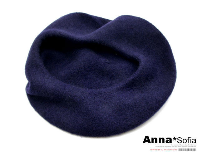 AnnaSofia 韓潮單色 混羊毛貝蕾帽(深藍)