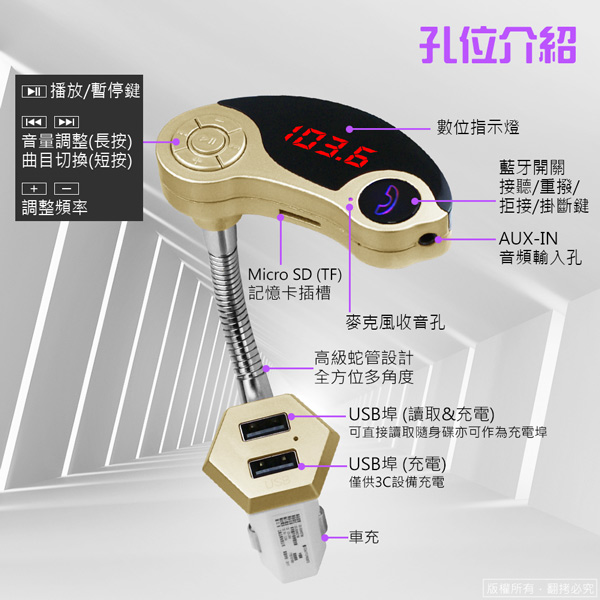 aibo GT86 車用藍牙音樂FM播放發射器(免持通話/隨身碟/TF卡)