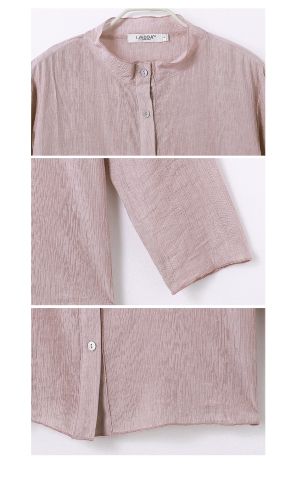 純色微透膚細褶小立領襯衫-OB大尺碼