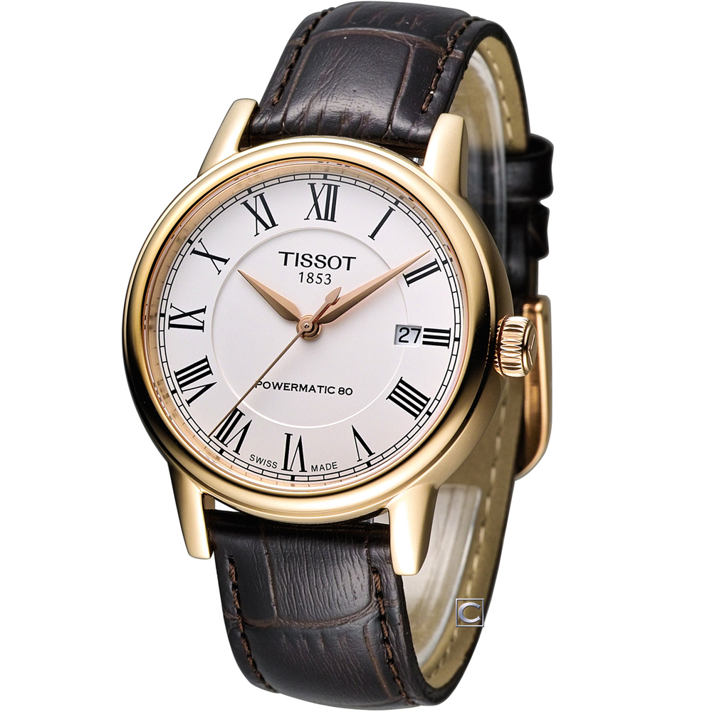 TISSOT CARSON 經典紳士機械腕錶-白x玫瑰金框40mm