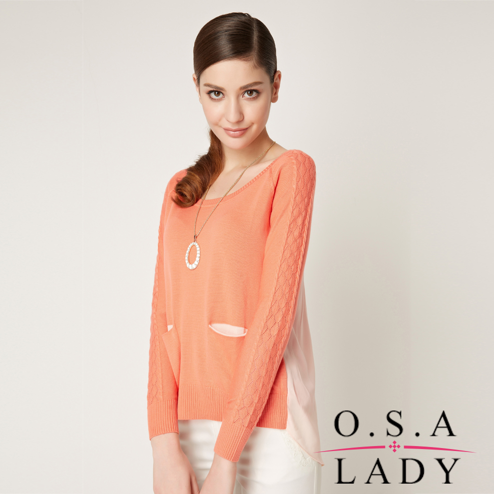 O.S.A LADY 撞色雪紡拼接修身針織衫 (橘紅色)