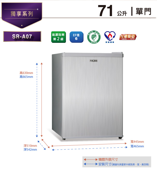 SAMPO聲寶 71L 2級定頻單門電冰箱 SR-A07