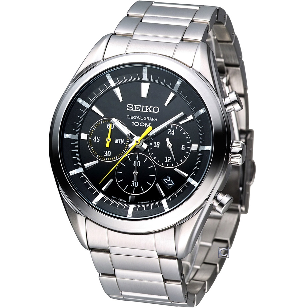 SEIKO 大錶徑競速計時腕錶-黑x黃秒針/45mm
