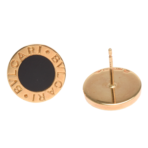 BVLGARI 經典LOGO刻印黑瑪瑙鑲飾K金圓型穿式耳環(金)