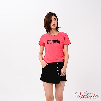 Victoria 蕾絲貼布繡貼鑽基本短袖T-女-桃紅