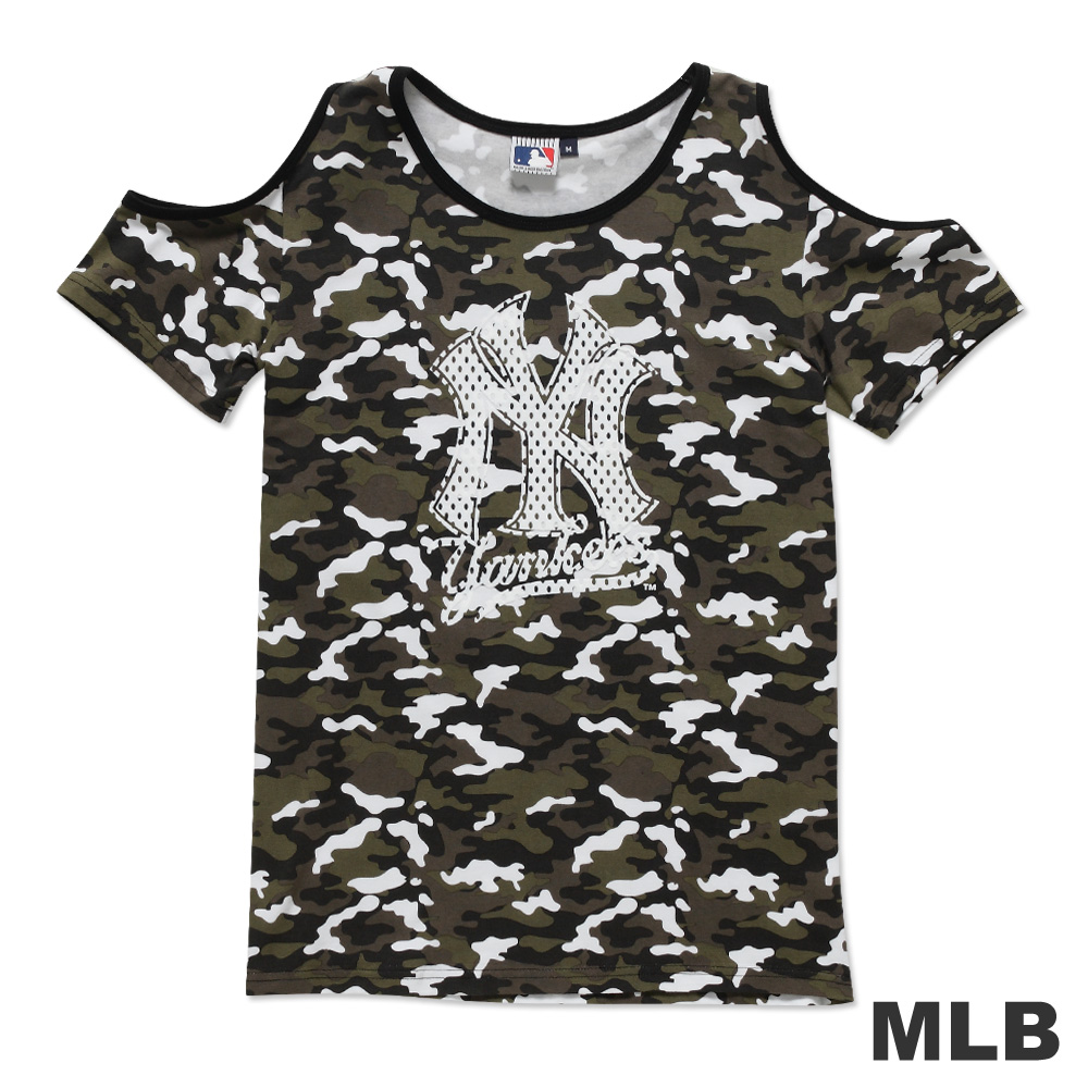 MLB-紐約洋基隊迷彩露肩植絨T恤-淺綠(女)