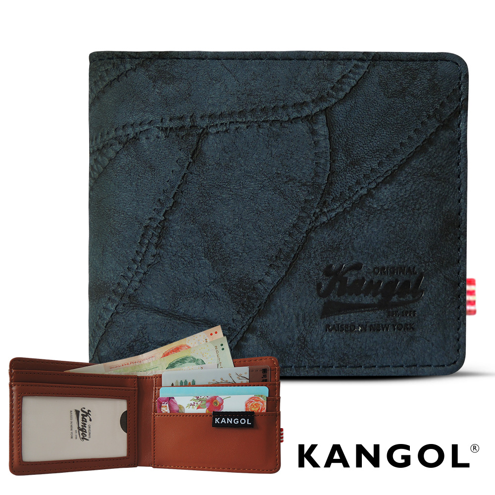 KANGOL 韓式潮流 多夾層橫式短皮夾+鑰匙圈禮盒-牛仔藍