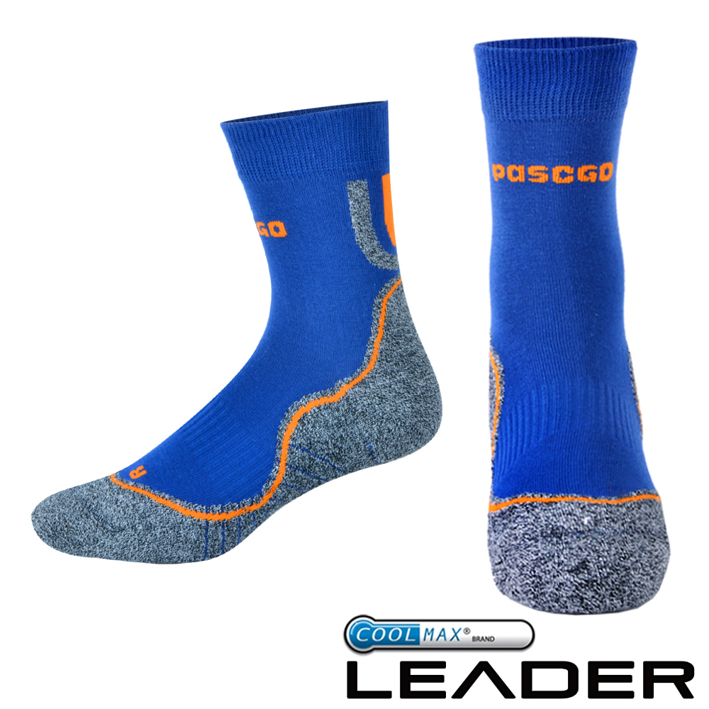 LEADER COOLMAX 舒適減壓高筒 戶外健行襪 (藍橘)