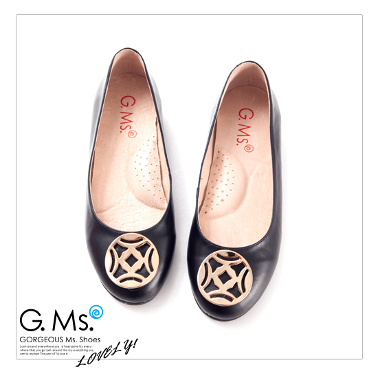 G.Ms. 金屬圓釦全真皮微坡跟娃娃鞋-忐忑黑