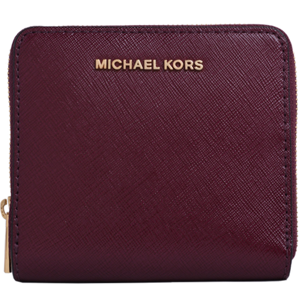 MICHAEL KORS JET SET金色LOGO防刮亮皮革拉鍊短夾-紫紅