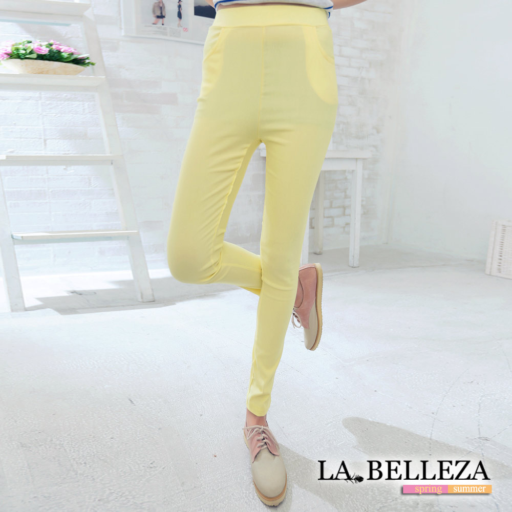 La Belleza側口袋腰鬆緊挺版修飾窄管褲