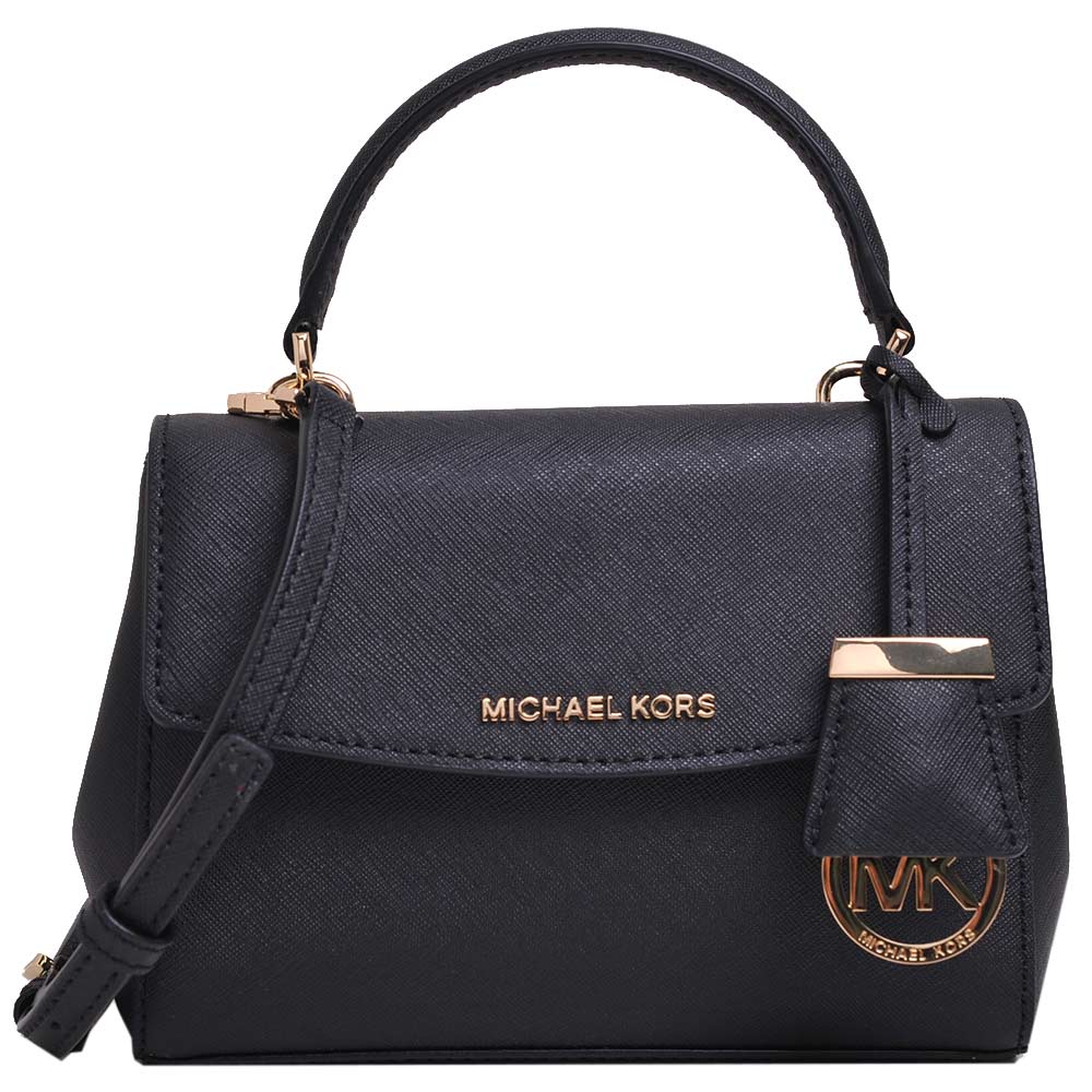 MICHAEL KORS AVA 經典金色LOGO防刮牛皮手提/斜背包(迷你/黑)