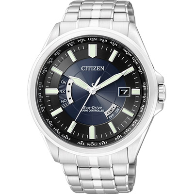 CITIZEN Eco-Drive 電波萬年曆鋼帶腕錶(CB0011-51L)-黑+藍/44mm