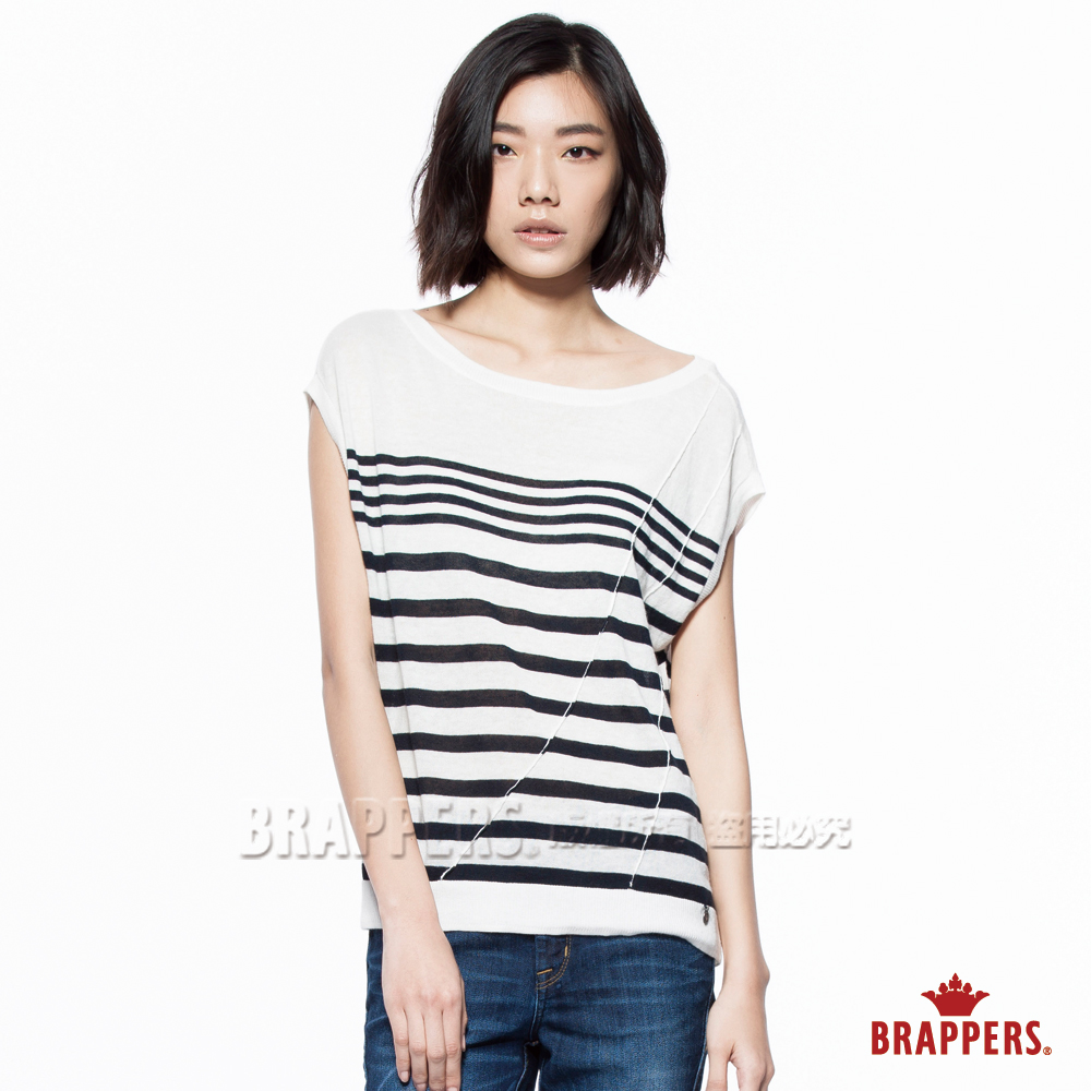BRAPPERS 女款 配色條紋短袖線衫-米白藍條