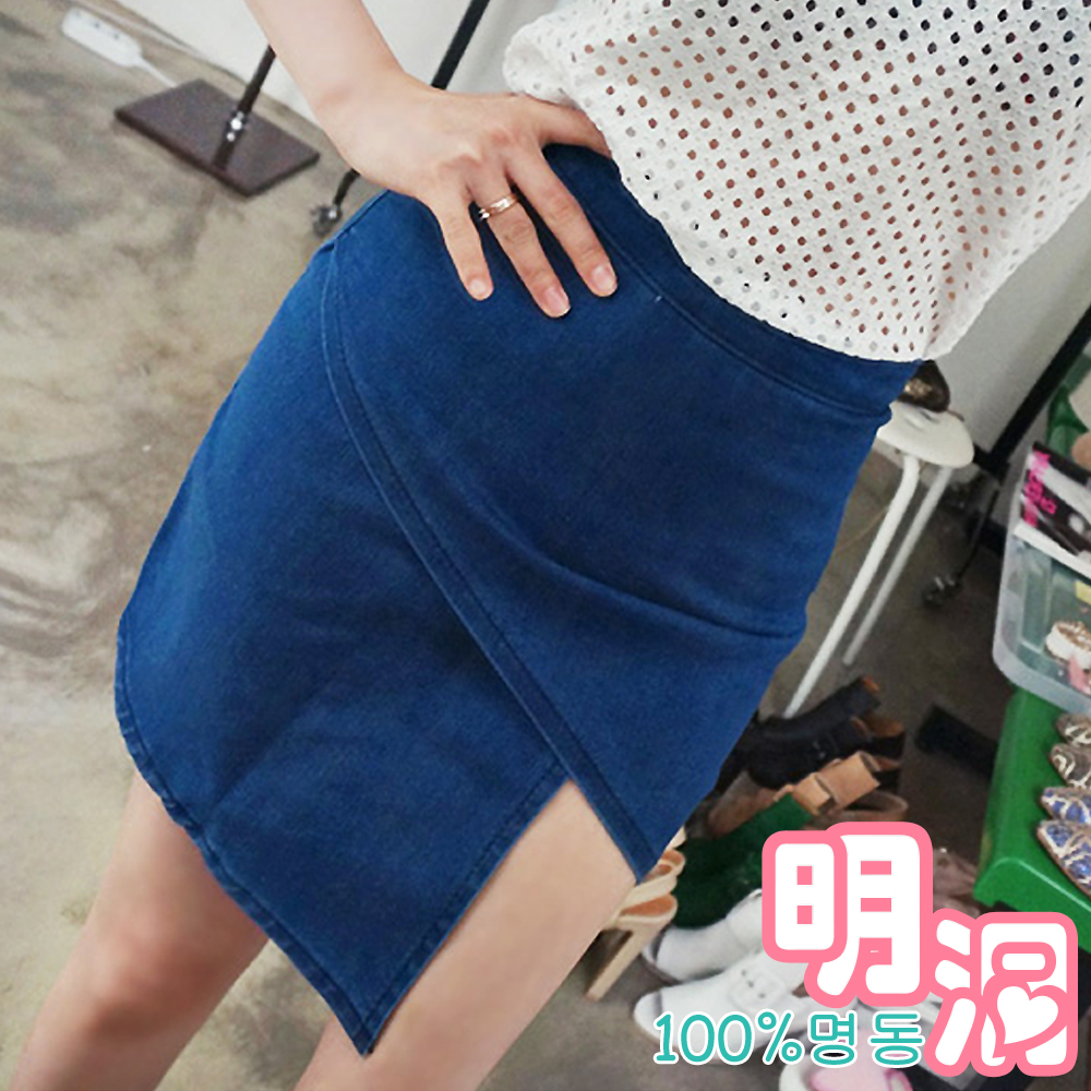設計感不對稱剪裁牛仔短裙 (深藍色)-100%明洞