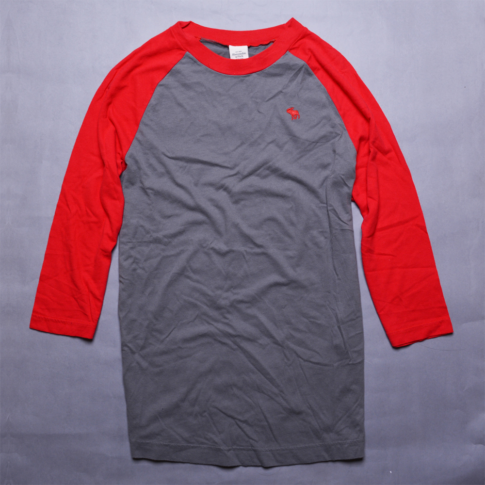 A&F Abercrombie & Fitch麋鹿刺繡拼接撞色七分袖T恤-灰紅