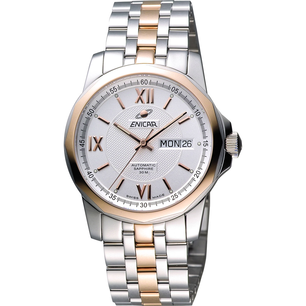 ENICAR 英納格 羅馬經典日曆機械腕錶-銀x雙色版/39mm