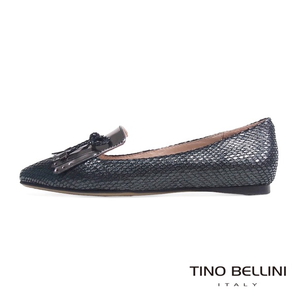 Tino Bellini 金屬色感蛇紋流蘇尖頭樂福鞋_銀河灰