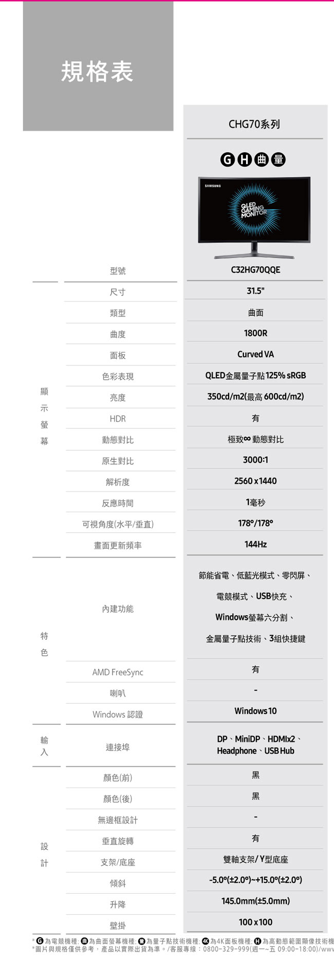 SAMSUNG C32HG70QQE 32型VA曲面量子點電腦螢幕