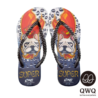 QWQ夾拖的創意(女) - Super Dog側鑽鍊夾腳拖鞋 - 棒棒黑