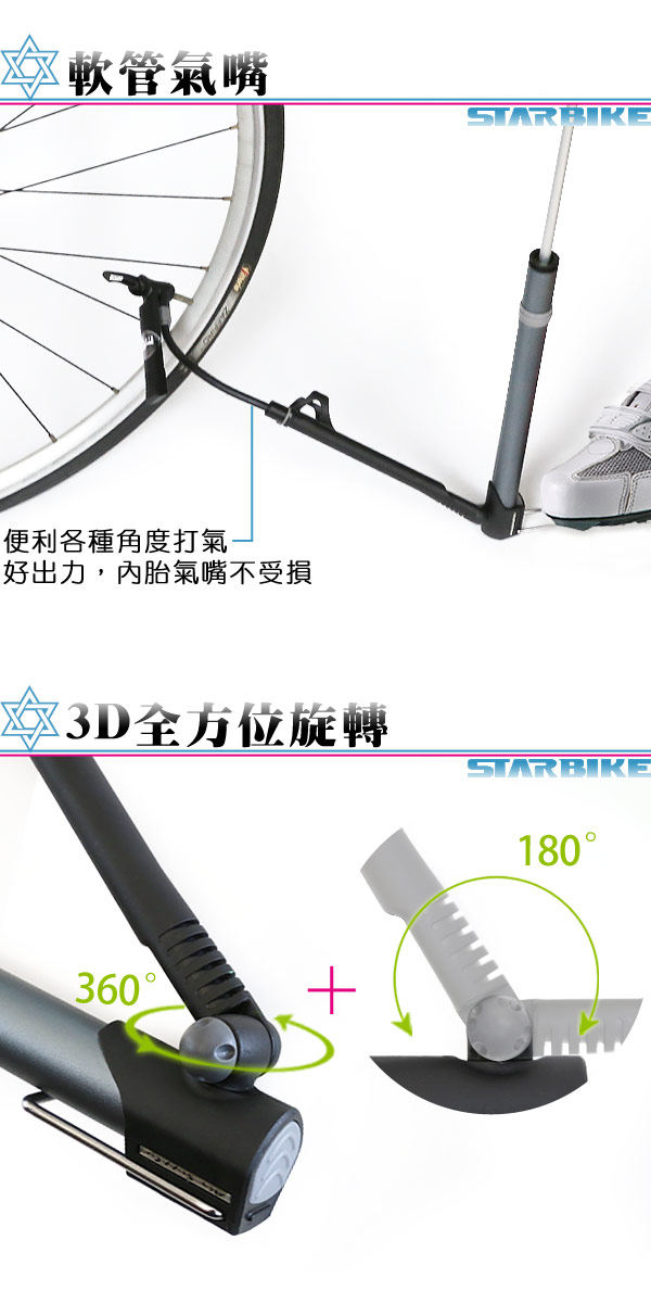 STARBIKE 折疊式踏板美法兩用隨身打氣筒(附氣壓表)