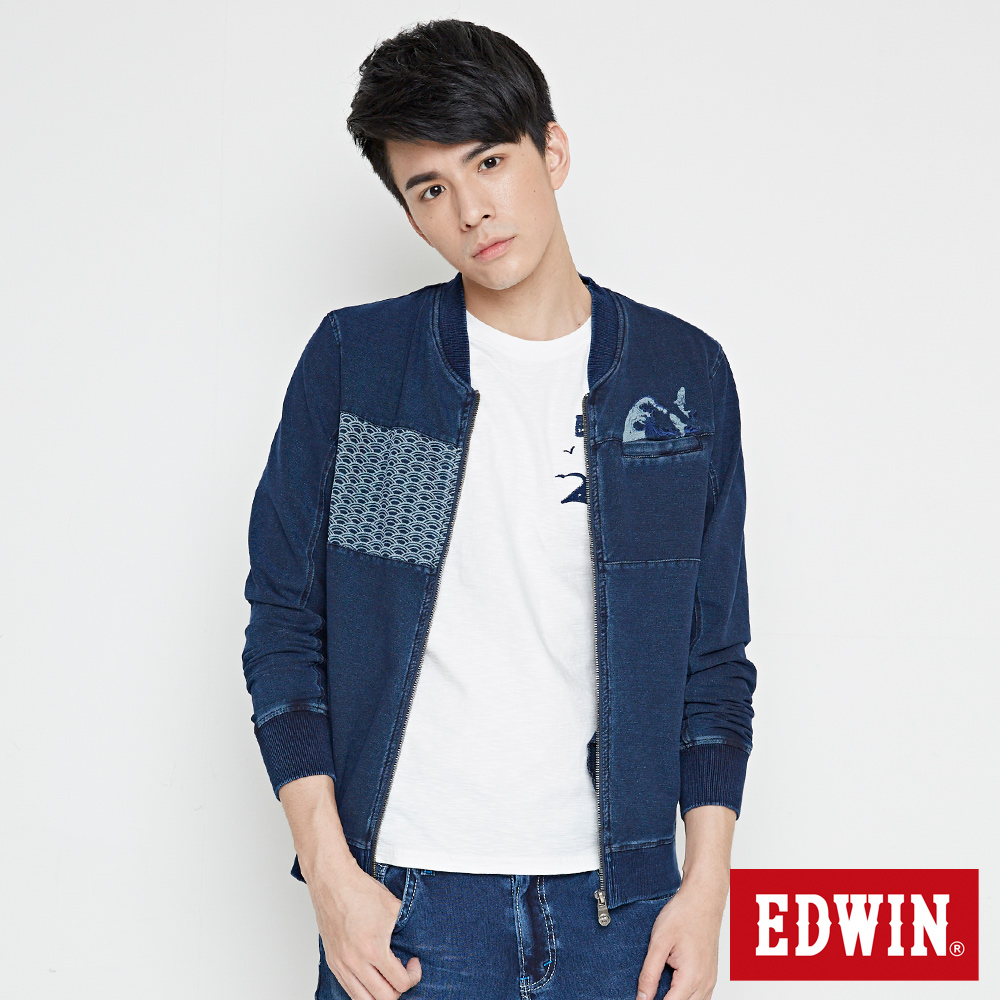 EDWIN 江戶勝 INDIGO 波浪拼接拉T外套-男-酵洗藍