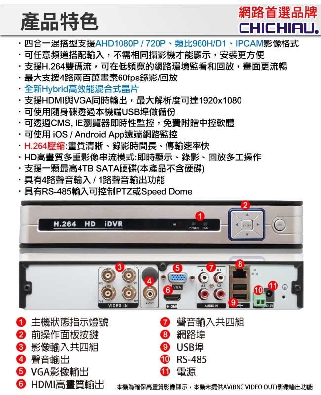 奇巧 AHD 1080P 4路4聲監控系統-含SONY 200萬畫素8陣列燈攝影機