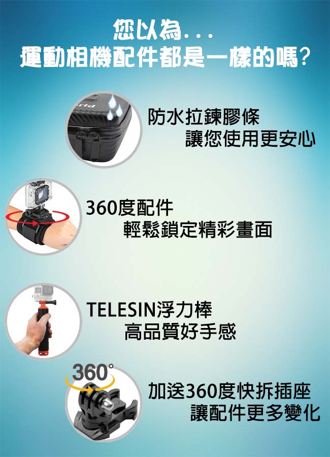 新版 第二代 GoPro 小米 360度 支架專業套組 (單車衝浪版) 含說明書