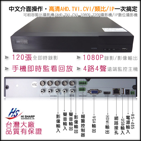 台灣大廠 1080P監控主機 4路4聲五合一混合機