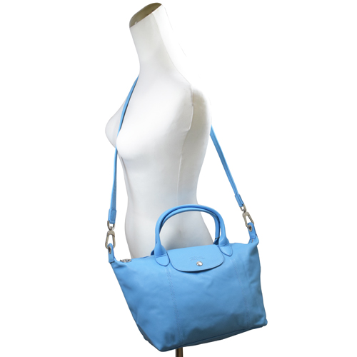 LONGCHAMP Le Pliage Cuir 折疊小羊皮短把兩用包(水藍/M)