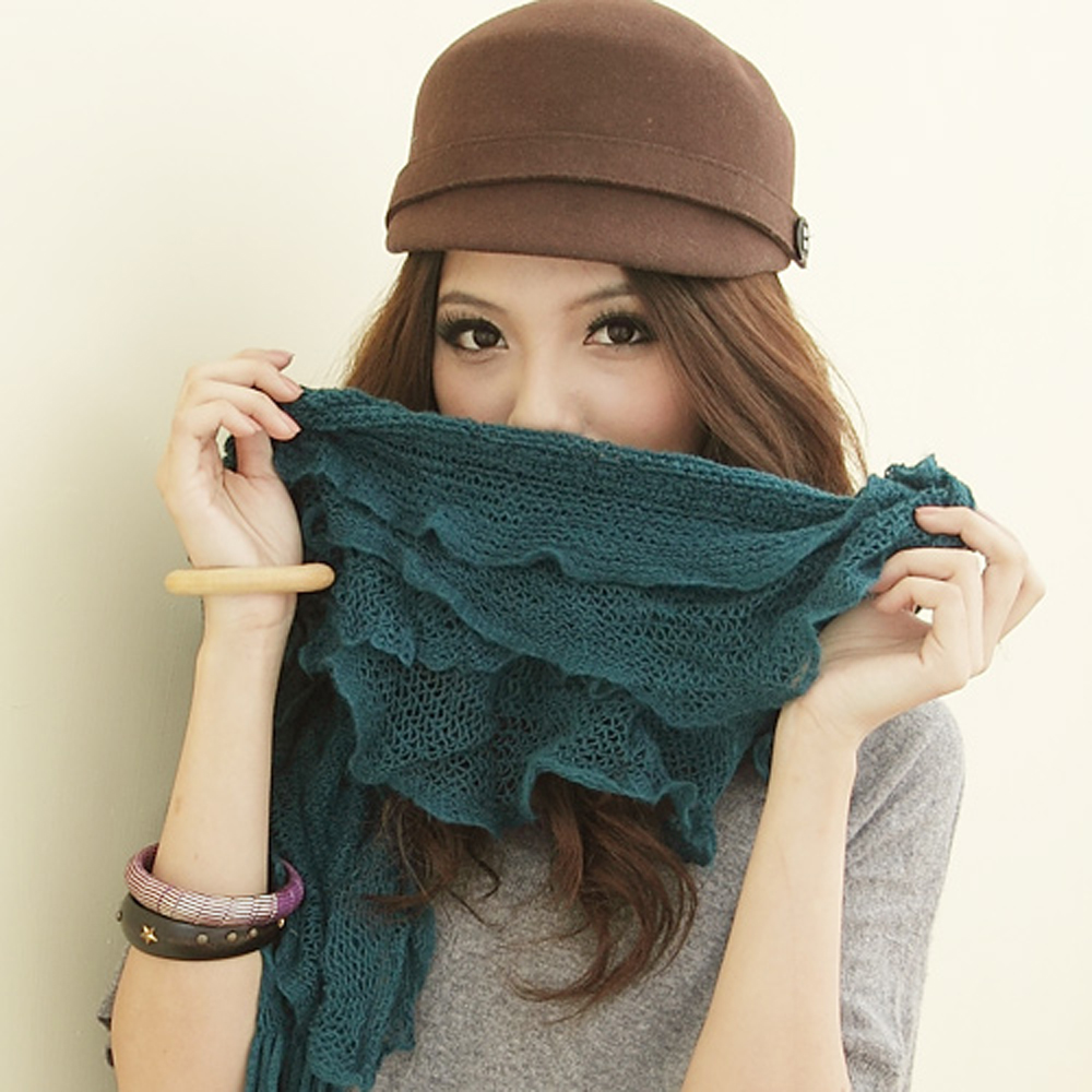 【I-shi】暖呼呼~波浪疊層厚款圍巾(藍綠)