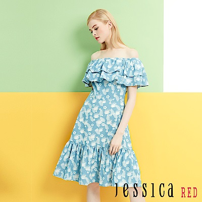 JESSICA RED - 一字領荷葉單寧碎花洋裝